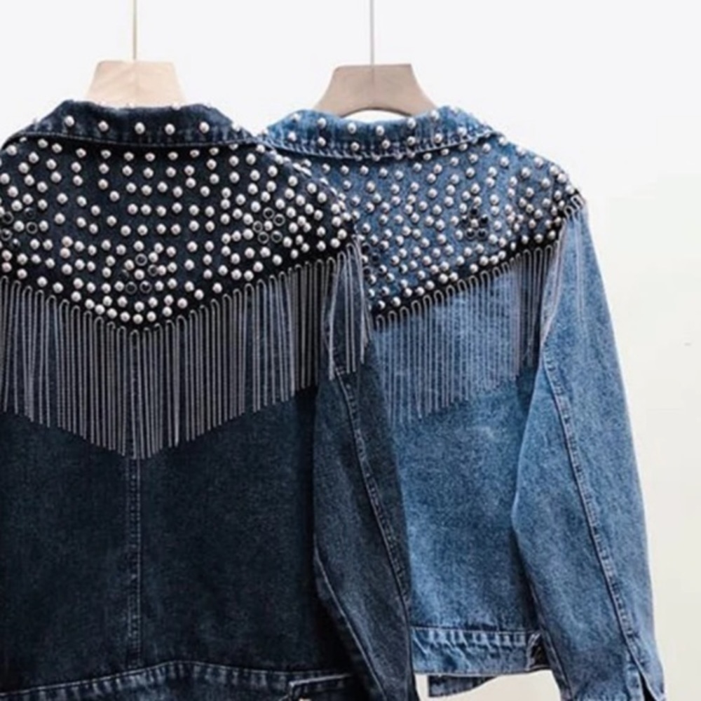 Embellished Rodeo Jean Jacket Studs & Chain Fringe Statement Jacket size XL - Picture 5 of 9